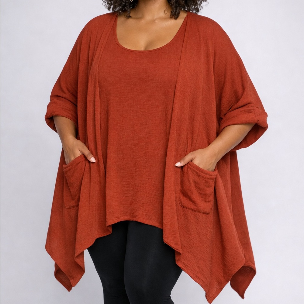 Rust toned blouse pockets rolled short sleeves 5X Lagenlook asymmetrical hem